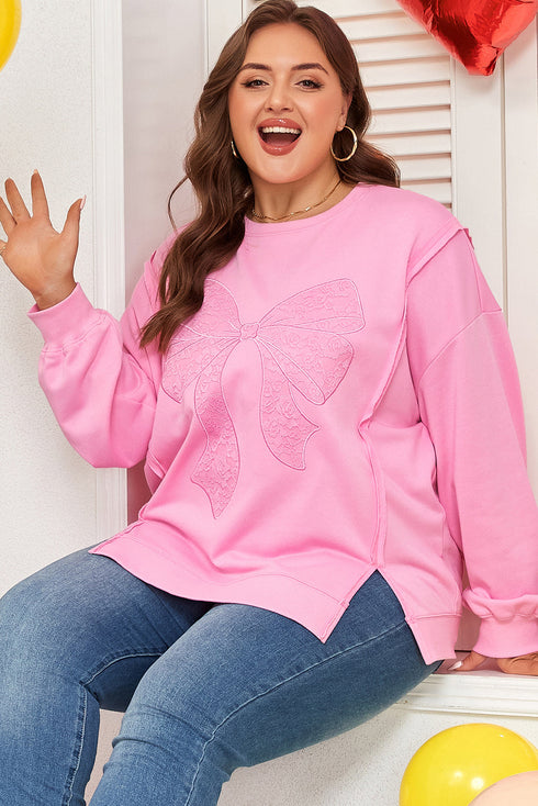 Big Bow Lace Embroidered Dolman Sleeve Slit Sweatshirt