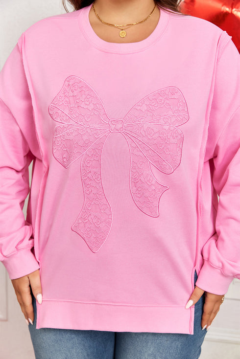 Big Bow Lace Embroidered Dolman Sleeve Slit Sweatshirt