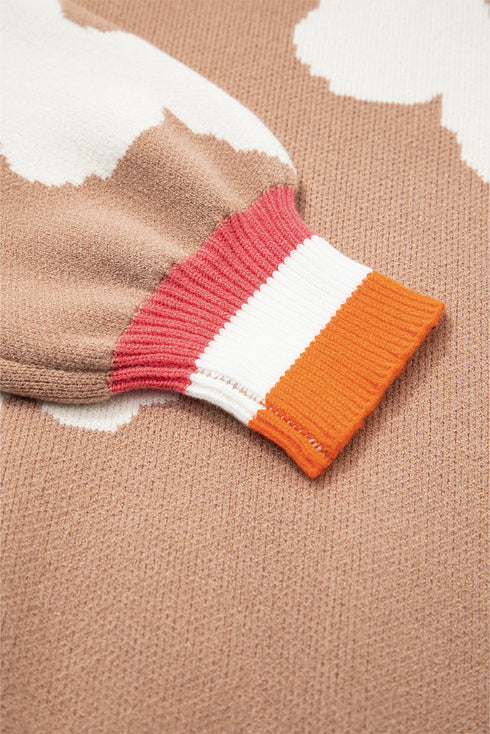 Big Daisy Jacquard Contrast Stripe Trim Baggy Sweater