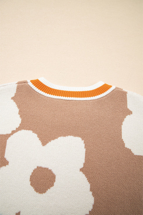 Big Daisy Jacquard Contrast Stripe Trim Baggy Sweater