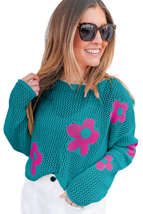 Big Flower Hollowed Knit Drop Shoulder Sweater