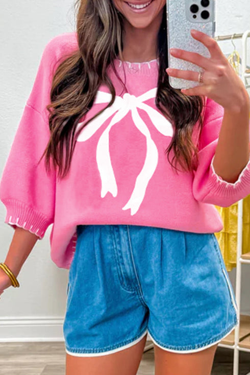 Big Ribbon Bow Print Drop Shoulder Short Sleeve Sweater