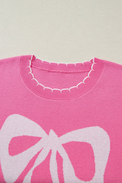 Big Ribbon Bow Print Drop Shoulder Short Sleeve Sweater