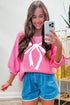 Big Ribbon Bow Print Drop Shoulder Short Sleeve Sweater