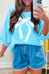 Big Ribbon Bow Print Drop Shoulder Short Sleeve Sweater