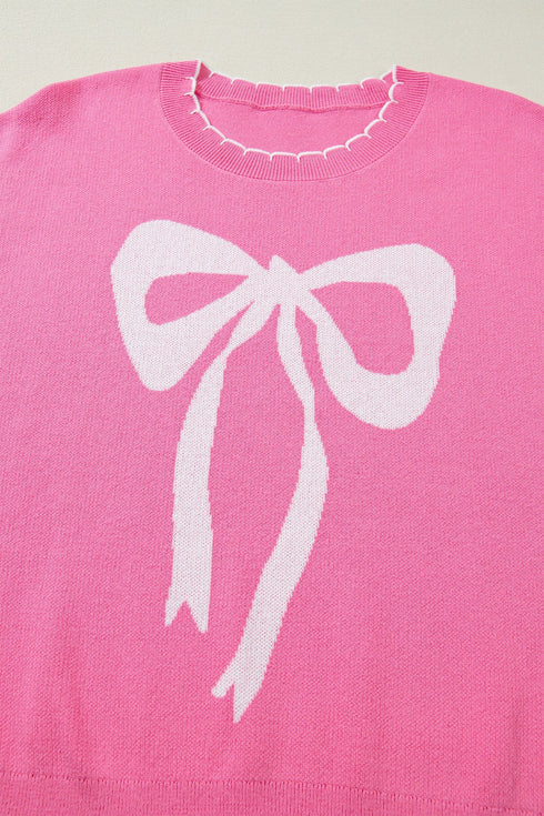 Big Ribbon Bow Print Drop Shoulder Short Sleeve Sweater