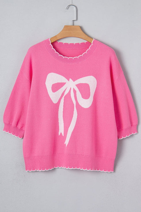 Big Ribbon Bow Print Drop Shoulder Short Sleeve Sweater