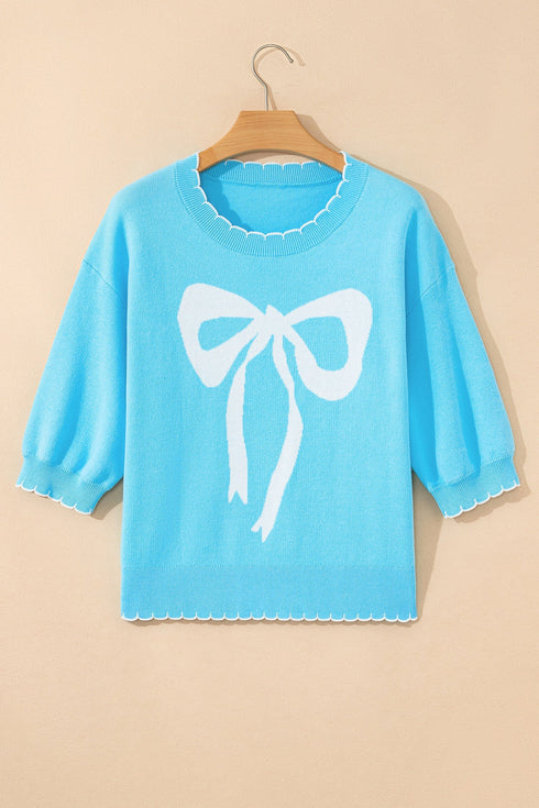 Big Ribbon Bow Print Drop Shoulder Short Sleeve Sweater
