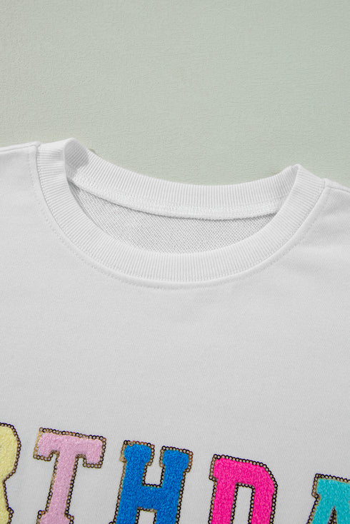 Birthday Queen Varsity Letter Patch Crew Neck Sweatshirt