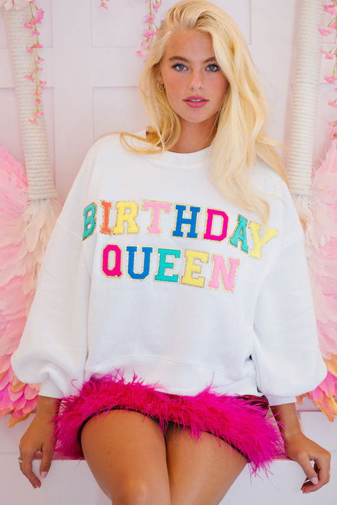 Birthday Queen Varsity Letter Patch Crew Neck Sweatshirt
