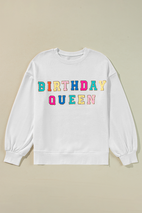Birthday Queen Varsity Letter Patch Crew Neck Sweatshirt