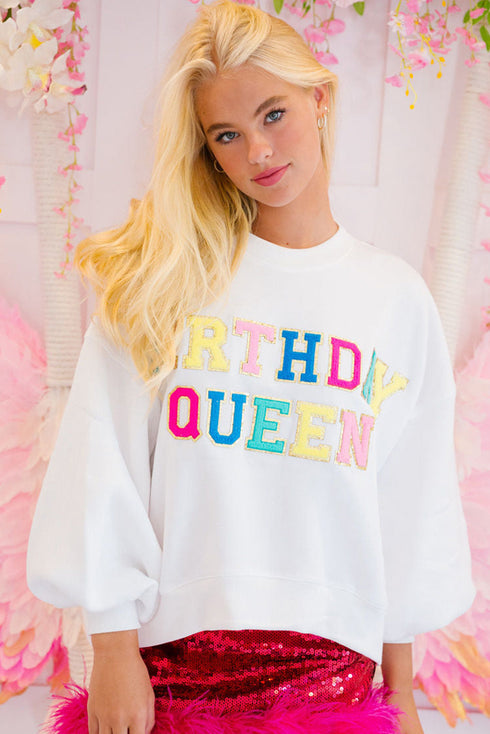 Birthday Queen Varsity Letter Patch Crew Neck Sweatshirt
