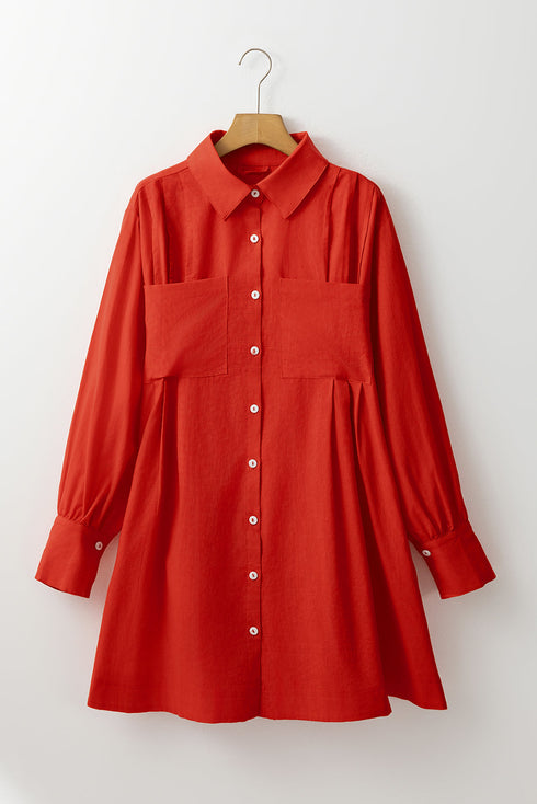 Bishop Sleeve Button Up Pleated Mini Shirt Dresses