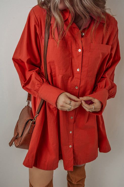 Bishop Sleeve Button Up Pleated Mini Shirt Dresses