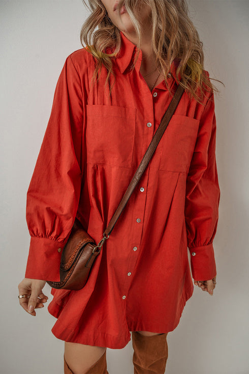 Bishop Sleeve Button Up Pleated Mini Shirt Dresses