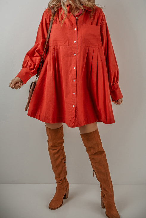 Bishop Sleeve Button Up Pleated Mini Shirt Dresses
