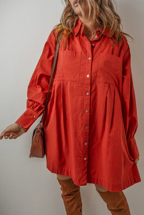 Bishop Sleeve Button Up Pleated Mini Shirt Dresses