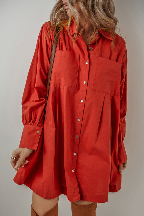 Bishop Sleeve Button Up Pleated Mini Shirt Dresses