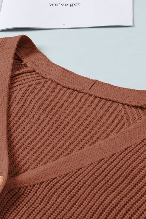 Bishop Sleeve V-Neck Drop Shoulder Button Front Knit Cardigan Sweater