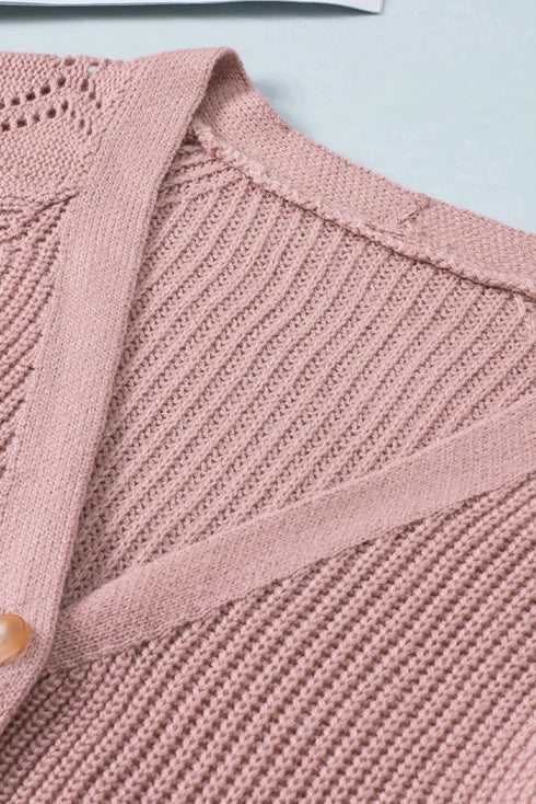 Bishop Sleeve V-Neck Drop Shoulder Button Front Knit Cardigan Sweater