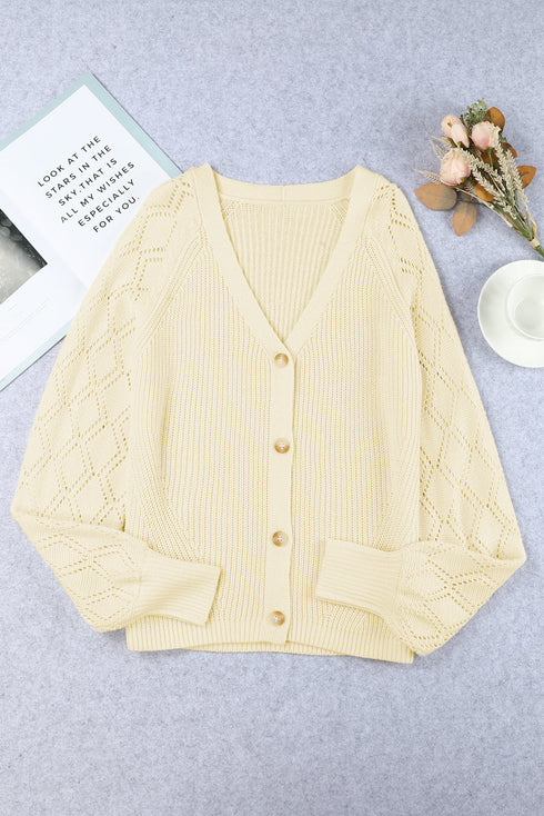 Bishop Sleeve V-Neck Drop Shoulder Button Front Knit Cardigan Sweater