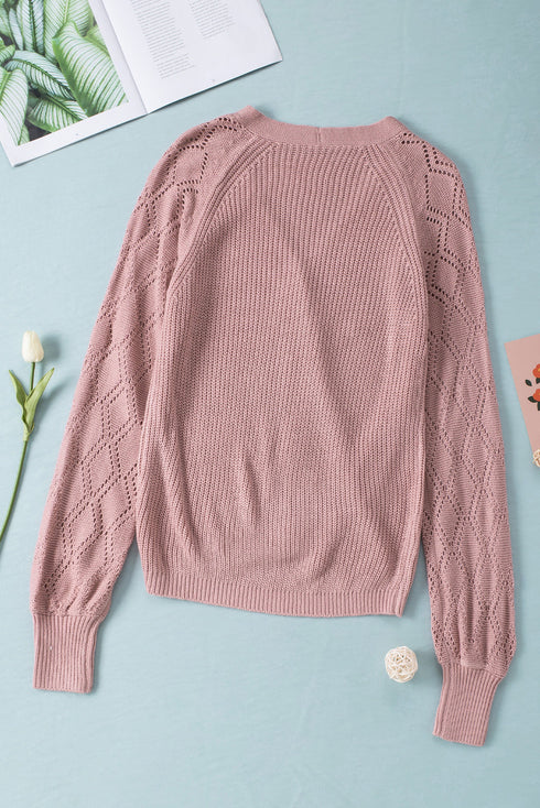 Bishop Sleeve V-Neck Drop Shoulder Button Front Knit Cardigan Sweater