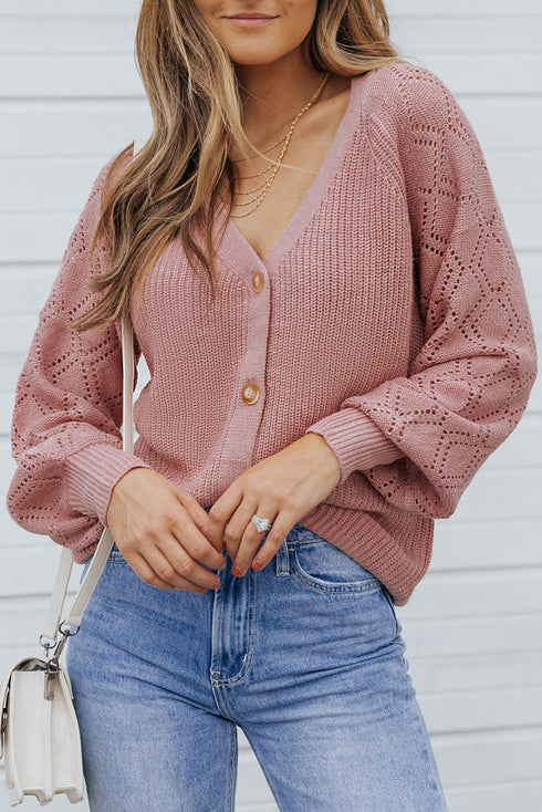 Bishop Sleeve V-Neck Drop Shoulder Button Front Knit Cardigan Sweater