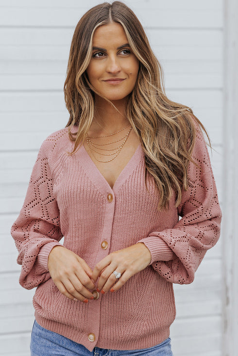 Bishop Sleeve V-Neck Drop Shoulder Button Front Knit Cardigan Sweater