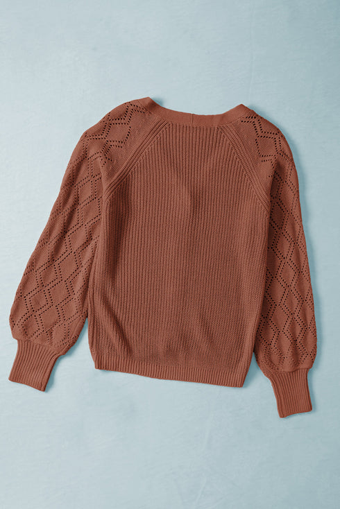 Bishop Sleeve V-Neck Drop Shoulder Button Front Knit Cardigan Sweater