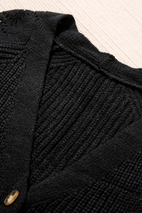 Bishop Sleeve V-Neck Drop Shoulder Button Front Knit Cardigan Sweater