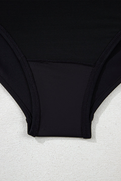 Black 2pcs Leopard Patchwork Plus Size High Waisted Swimsuit