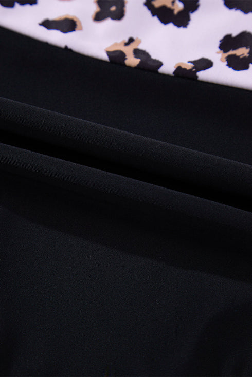 Black 2pcs Leopard Patchwork Plus Size High Waisted Swimsuit