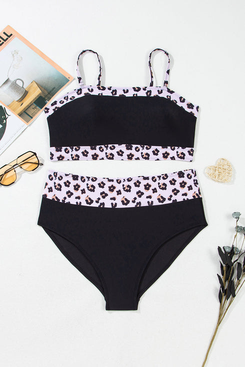 Black 2pcs Leopard Patchwork Plus Size High Waisted Swimsuit