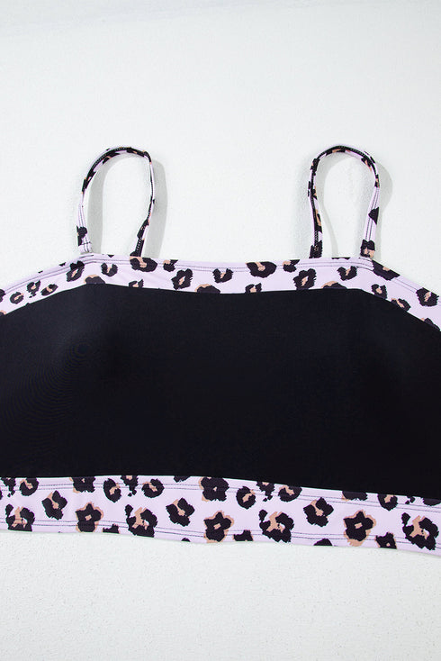 Black 2pcs Leopard Patchwork Plus Size High Waisted Swimsuit