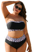 Black 2pcs Leopard Patchwork Plus Size High Waisted Swimsuit
