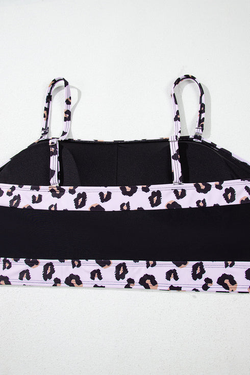 Black 2pcs Leopard Patchwork Plus Size High Waisted Swimsuit