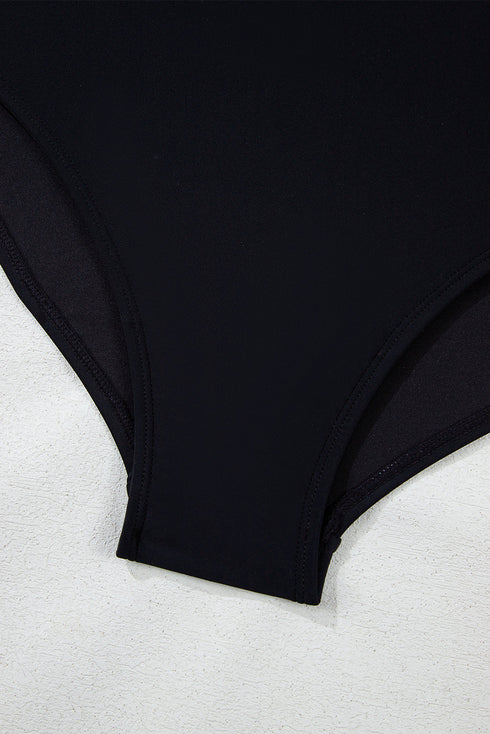 Black 2pcs Leopard Patchwork Plus Size High Waisted Swimsuit