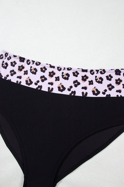 Black 2pcs Leopard Patchwork Plus Size High Waisted Swimsuit