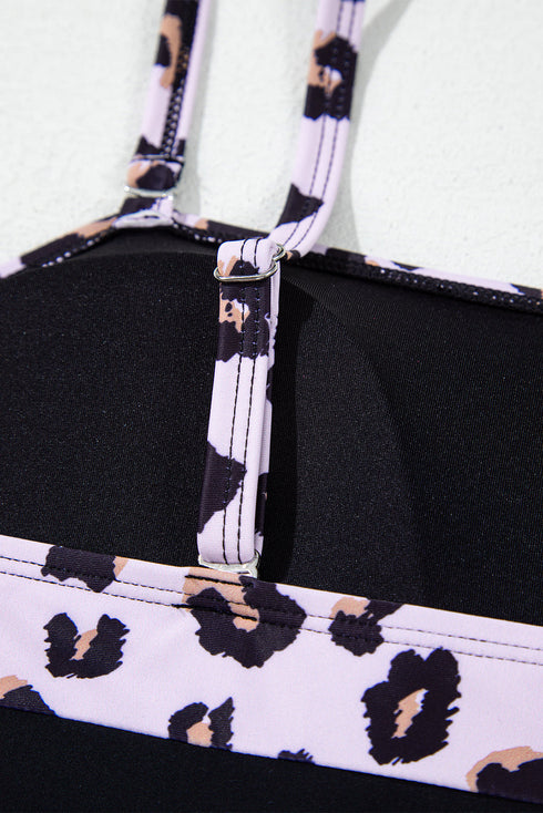 Black 2pcs Leopard Patchwork Plus Size High Waisted Swimsuit