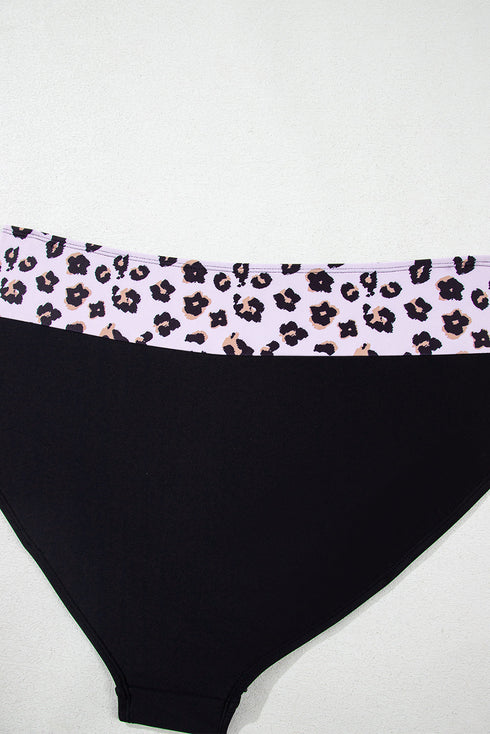 Black 2pcs Leopard Patchwork Plus Size High Waisted Swimsuit