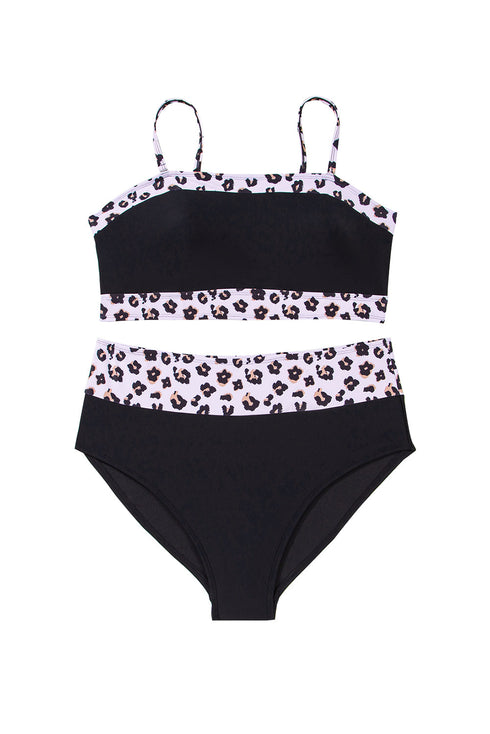 Black 2pcs Leopard Patchwork Plus Size High Waisted Swimsuit