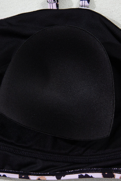 Black 2pcs Leopard Patchwork Plus Size High Waisted Swimsuit