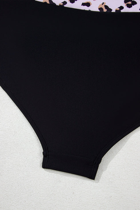 Black 2pcs Leopard Patchwork Plus Size High Waisted Swimsuit