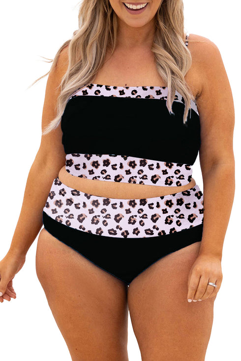 Black 2pcs Leopard Patchwork Plus Size High Waisted Swimsuit
