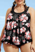 Black 2pcs Plus Size Wide Strap Floral Top Tankini Set