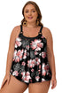 Black 2pcs Plus Size Wide Strap Floral Top Tankini Set