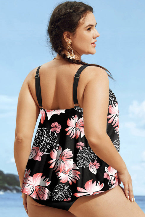 Black 2pcs Plus Size Wide Strap Floral Top Tankini Set
