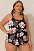 Black 2pcs Plus Size Wide Strap Floral Top Tankini Set