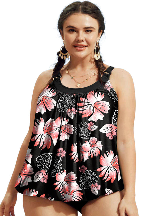 Black 2pcs Plus Size Wide Strap Floral Top Tankini Set