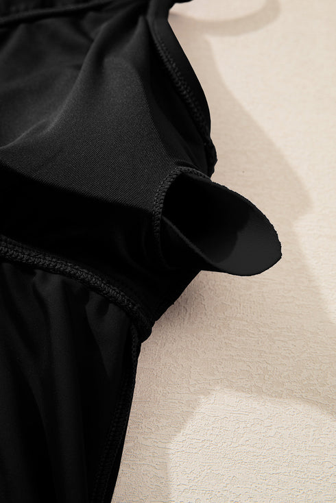 Black 2Pcs Solid Color Spaghetti Straps Tankini Set